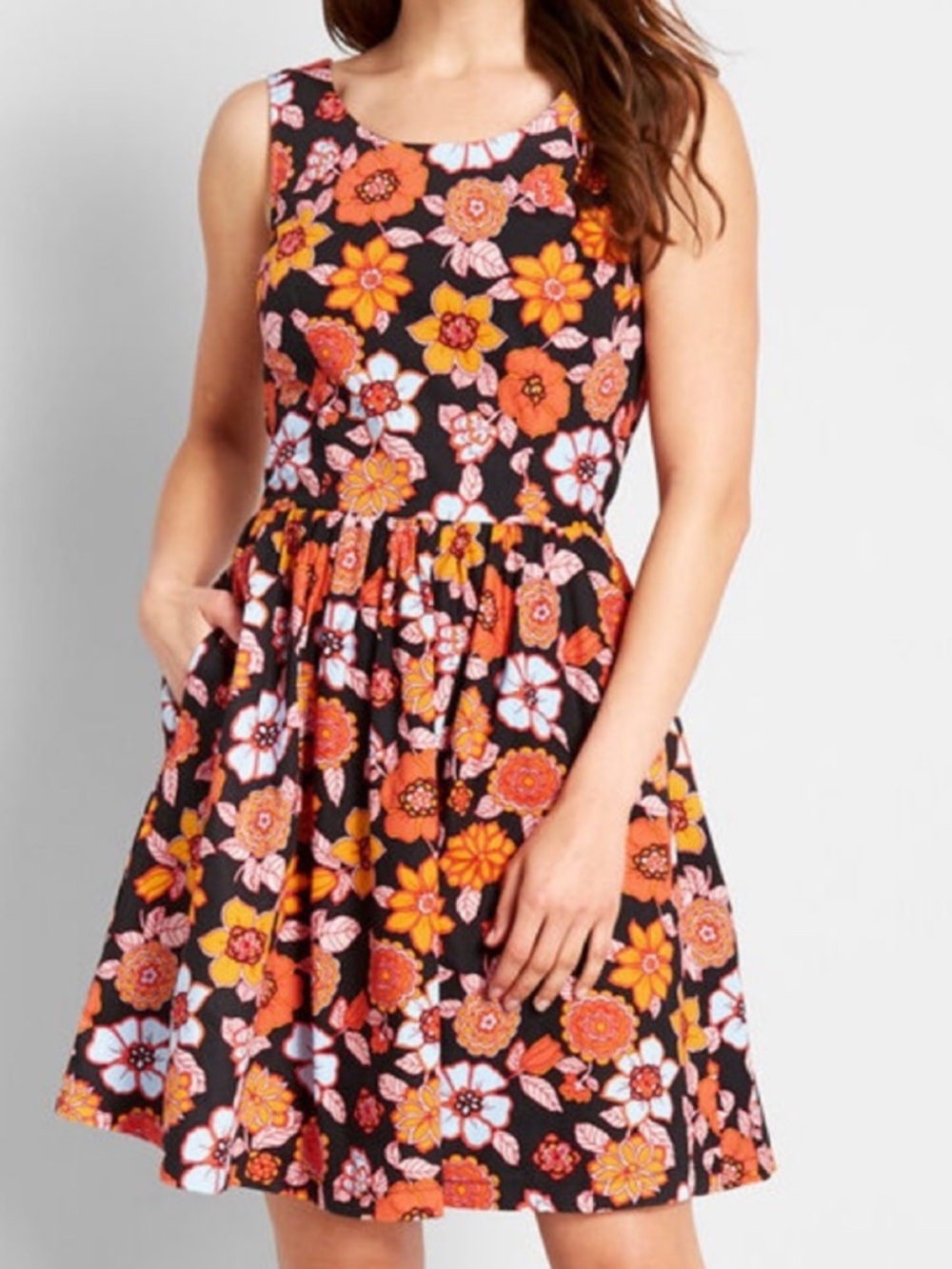 ModCloth Optimistic Effect Fit and Flare A-Line Floral Dress Black Orange